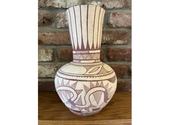 Decorative Pottery Vase With Red And Pink Painted Designs