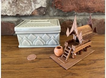 Small Ceramic Light Green Box And Small Wooden House Figurine