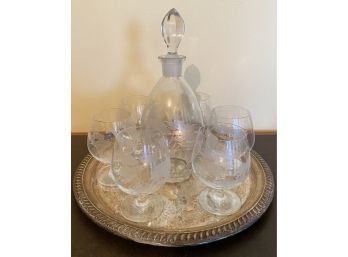 Beautiful Decanter And Frosted Wine Glasses Set On Tray