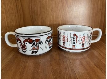 Set Of 2 Vintage Speckled Stoneware Soup Bowls, Aztec Design