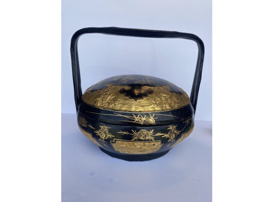 Asian Black Lacquer And Gold Colored Basket