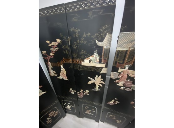 Asian 6 Panel Black Lacquer With Mother Of Pearl And Jade Colored Inlays Room Divider