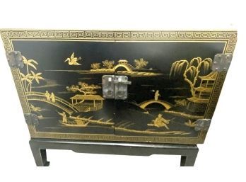 Asian Black Lacquer With Gold Colored Trim On Pedestal