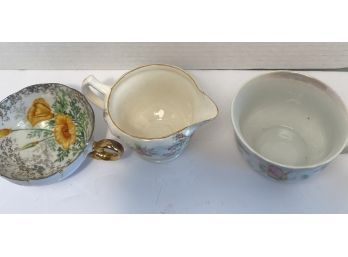 English Tea Cup, Creamer, And Sugar Bowl