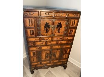 Antique Asian Double Cabinet With Brass Fixtures