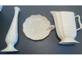3 Lennox Pieces-flower Vase, Gold Trimmed Creamer, Gold Trimmed Petit Four Dish
