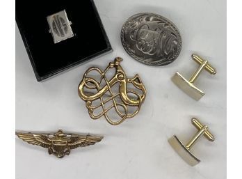 Cufflinks,  Initial 'A' Pin, Silver Tone Pin Appears To Be 'CFM,' Pinky Ring Initials 'AVS,' Aviator Pin