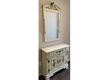 Hallway Credenza & Matching Mirror, Soft Yellow Color With Brass-tone Ornamentations, Topped With Eagle