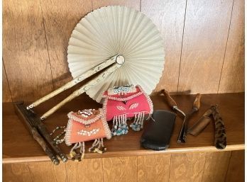 Amazing Collection Of Antique Accessories (fan, Glasses, Curling Iron, Shaving Razor)