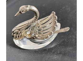 Swan Server & Spoon. Appear To Be Silver But No Markings. Glass Base.