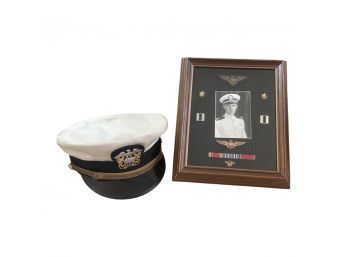 US Navy Bancroft Military Cap And Framed Navy Pins