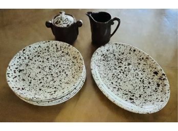 Paden City Pottery - Plates, Platter, Sugar And Creamer - Brown Speckles, Made In USA