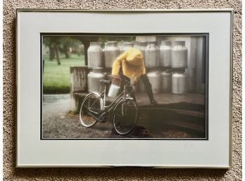 Milk Delivery In Yellow Raincoat Photograph, Matted And Framed Signed By Artist Greg Schlack (26 1/4 X 19 1/4)