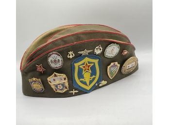 Vintage Soviet Pilotka  Cap With Vintage Badges