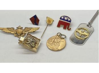 Assortment Of Pins And Pendants- Gold Tones And Silver Tones, Includes Warrior Money Clip