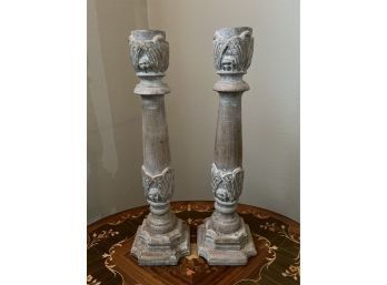 Large Wooden Candlestick Holders With Dusting Of White Paint Ans Beautiful Ornate Carvings