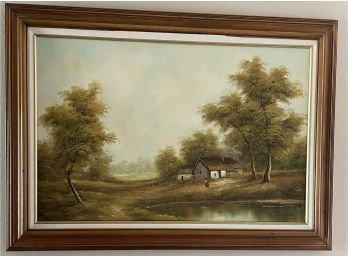 Artwork -Serene Farm Scene Woman With Chickens, Soft Hues Of Green & Gold 3' X 31', Framed & Matted. Signed