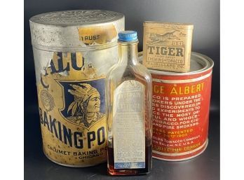 Antique Tins And Home Goods, Including 1912 Calumet Baking Powder Co. Chicago Tin