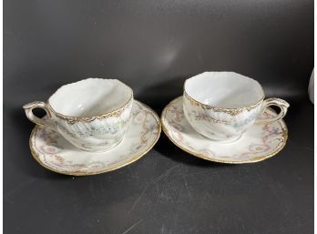 Theodore Haviland Antique Teacup And Saucer Set, Beautiful Floral Design And Gold Toned Etching, Stamped