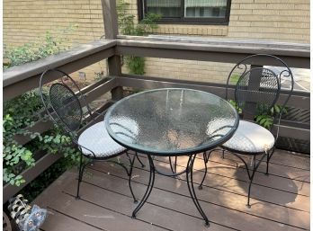 Metal Patio Table And Two Chairs Set With Polkadot Cushions, Slight Tear In Cushion (table 28 Across X 27 1/2)