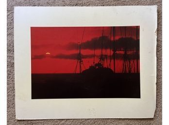 Sailboat Red Sunset Photograph Signed By Artist Greg Schlack, Matted (26 X 21)