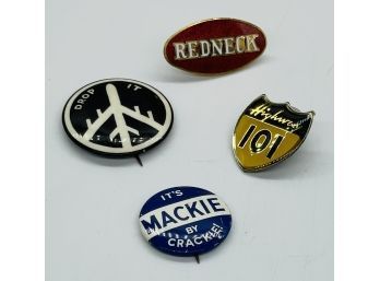 Vintage Pins Including Redneck, Mackie Campaign And Warner Bros. Records