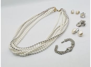 White & Silver Tone Beads Necklace, Rhinestone Bracelet, Rhinestone/silver Tone Pins, Clip & Pierced Earrings