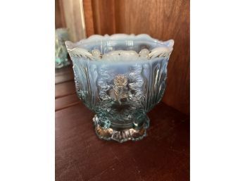 Beautiful Blue Iridescent Carnival Glass Bowl With Gold Painted Etchings