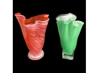 Two Glass Hand Blown Vases, One Made In Japan