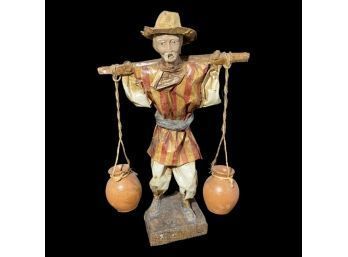 Table Statue Of Village Man Balancing Pots. Paper Mache, Stands 13 Inches