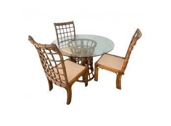 Vintage Rattan Table Set With 3 Chairs! Removeable Glass Top.
