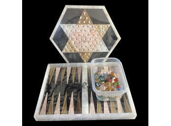 Hand Crafted Backgammon And Chinese Checkers Board With Various Game Pieces