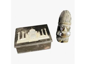 3 Inch Stone Statue And Small Trinket Box With Mother Of Pearl Inlay