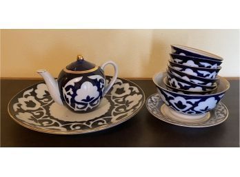 Blue White And Gold Color Dishes With Matching Teapot. Not A Complete Set