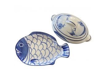 DANSK International Blue Painted Fish Dishes