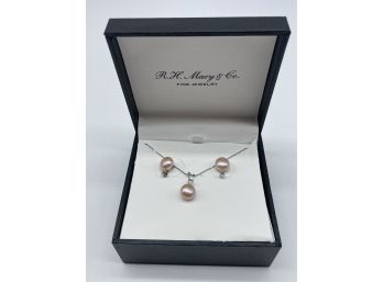 Beautiful Pink Pearl Necklace And Earring Set, With .925 Silver Necklace Chain