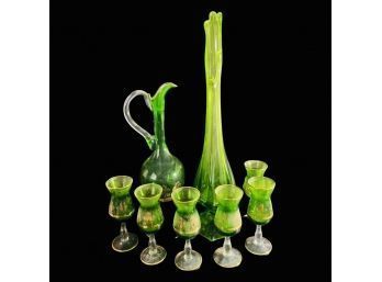 Bohemian Green Glass Decanter Set With (6) Matching Glasses And Extra Vase