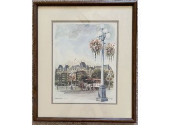 Gorgeous Color Pencil On Paper Sketch Of Express Hotel Victoria Signed By Artist