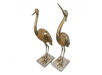STUNNING Brass And Wood Crane Statues, On Marble Bases (2)