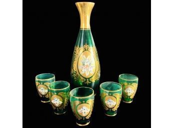 Emerald Green Bohemia Crystal Decanter Glass Set. Czech Glass With Flower Design