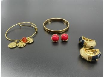 Colorful Earrings And Two Gold Colored Bracelets