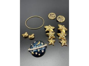 Amazing Solar System Pin, Hanging Star Earrings, Gold Colored Clip On Earrings And Simple Bracelet