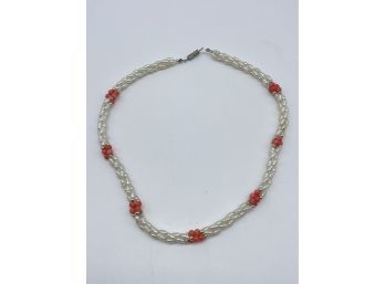 Elegant Fresh Water Pearl Necklace With Coral Colored Accent Beads