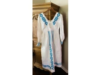 Georgia Charuhas White Dress With Blue Embroidered Design