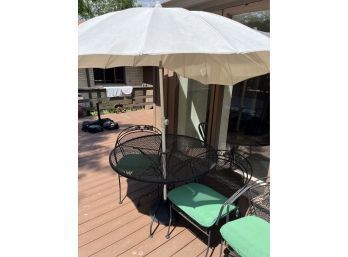 Metal Patio Table And 4 Chairs Set With Green Cushions And White Umbrella (table 42 Across & 31 1/2 Tall)