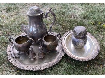 Box Of Silver Plate Collectibles Including Tea Set And Owl Piggy Bank!