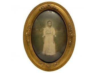 Antique Photograph Of Girl In Dress In Oval Ornate Frame