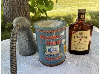 Vintage Canister Collection, Seagrams Empty Bottle, Maxwell House Anniversary Container