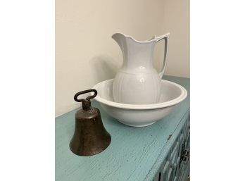 Vintage Royal Firestone China Pitcher And Basin With Antique Bell