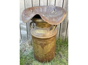 Antique Metal Stool Made From Old Milk Can. Bald Eagle Design On Front